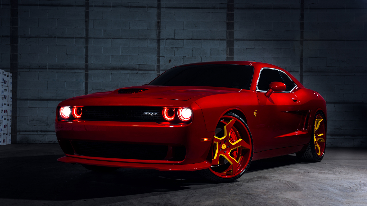 Red, Dodge Challenger SRT Hellcat, flashlight, 1280x720 wallpaper