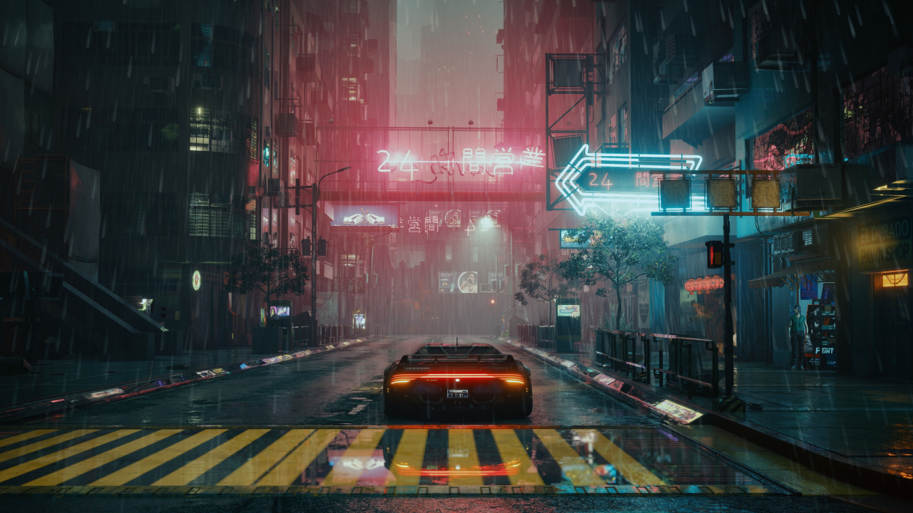 Cyberpunk, game, city shot, car, 1280x720 wallpaper