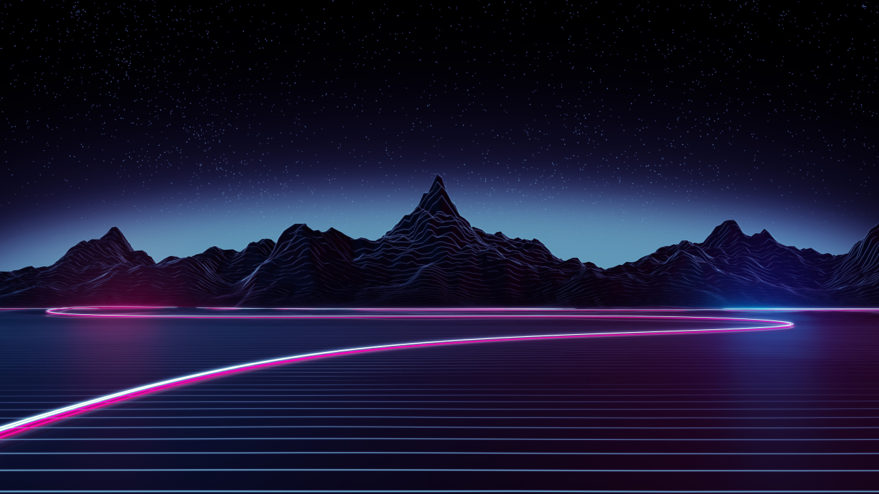 Retrowave art, dark mountains, 1280x720 wallpaper