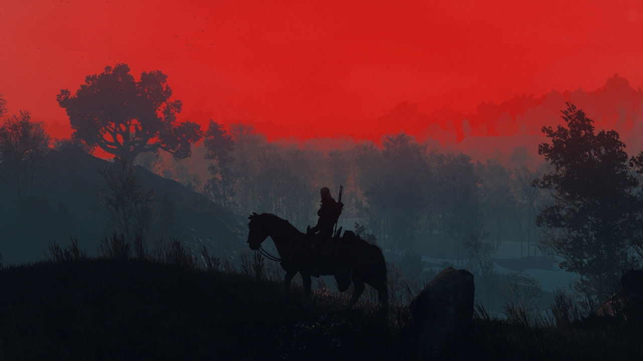 The Witcher 3, Geralt, sunset, silhouette, 1280x720 wallpaper