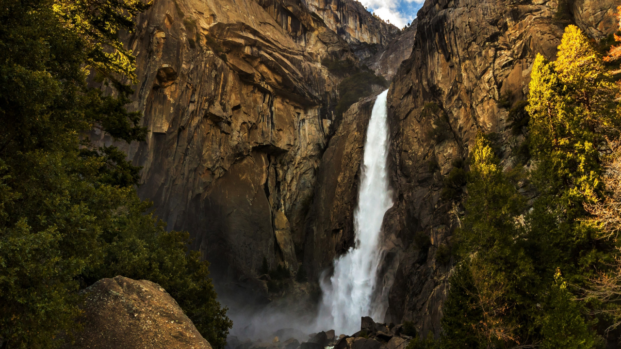 Download wallpaper 1280x720 yosemite falls, national park, rocks, river ...