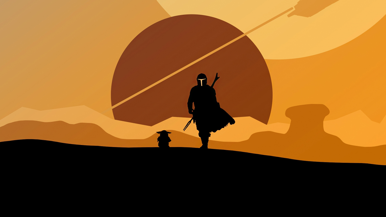 2020, The Mandalorian and Yoda, minimal, silhouette, artwork, 1280x720 wallpaper