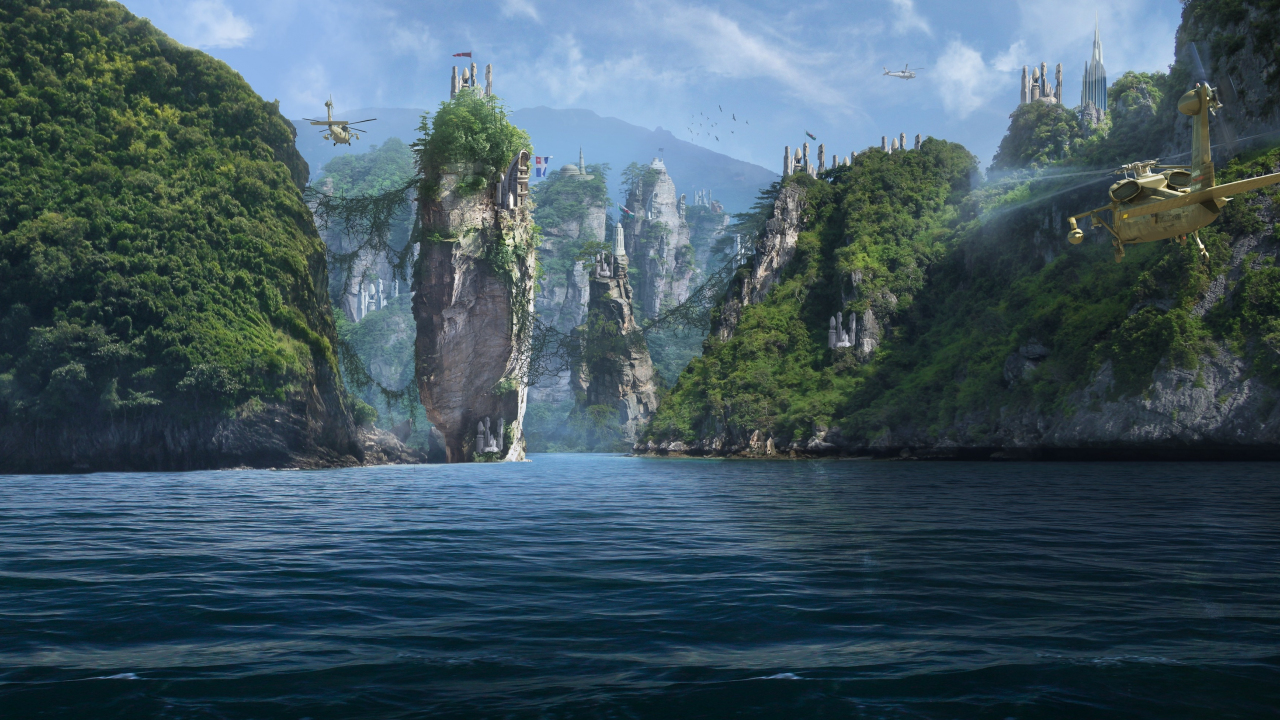 Forgotten islands, panorama, sea, cliffs, fantasy, 1280x720 wallpaper