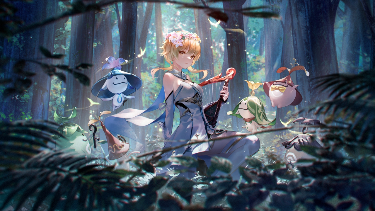 Lumine, Genshin Impact, girl outdoor with creature, fantasy, 1280x720 wallpaper