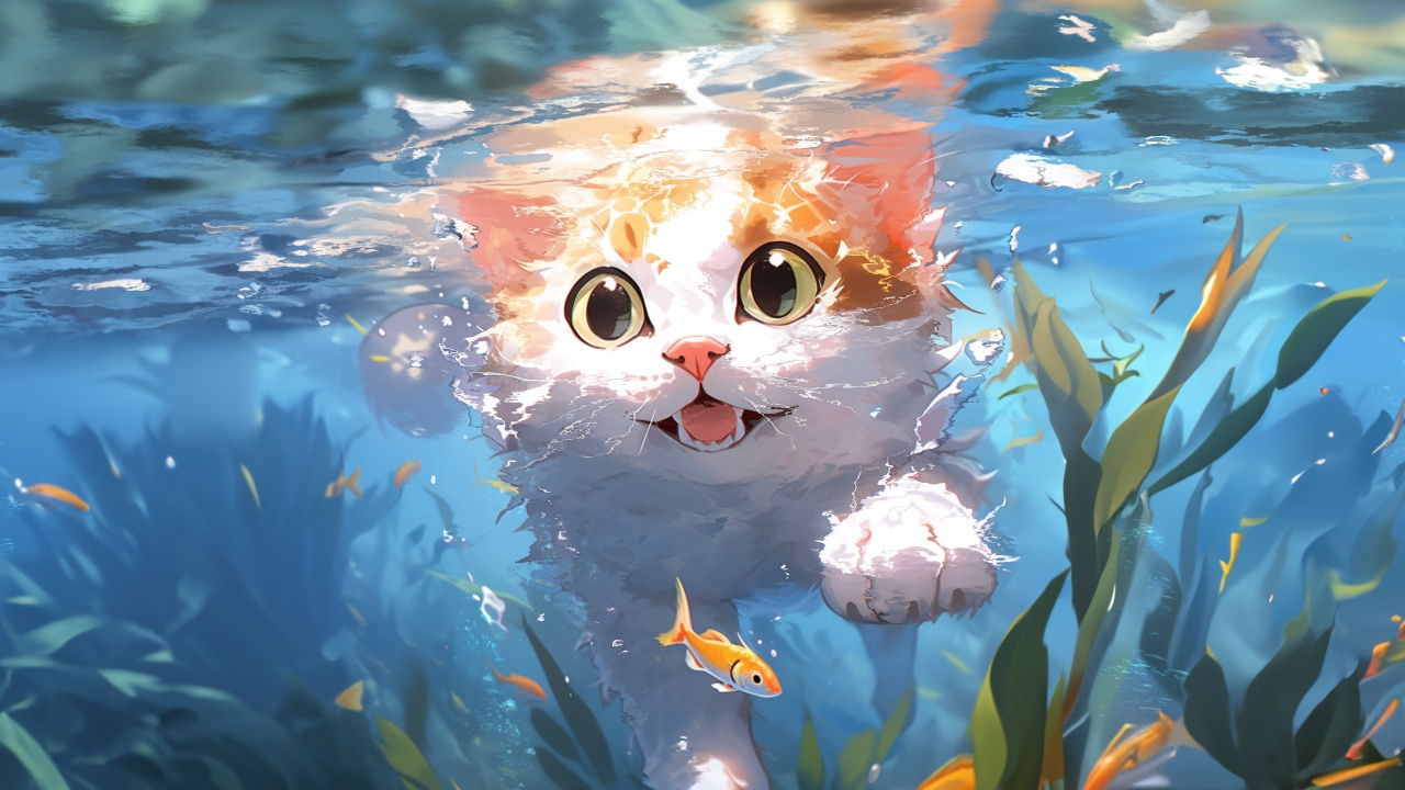 Cute kitten, swim underwater, art, 1280x720 wallpaper
