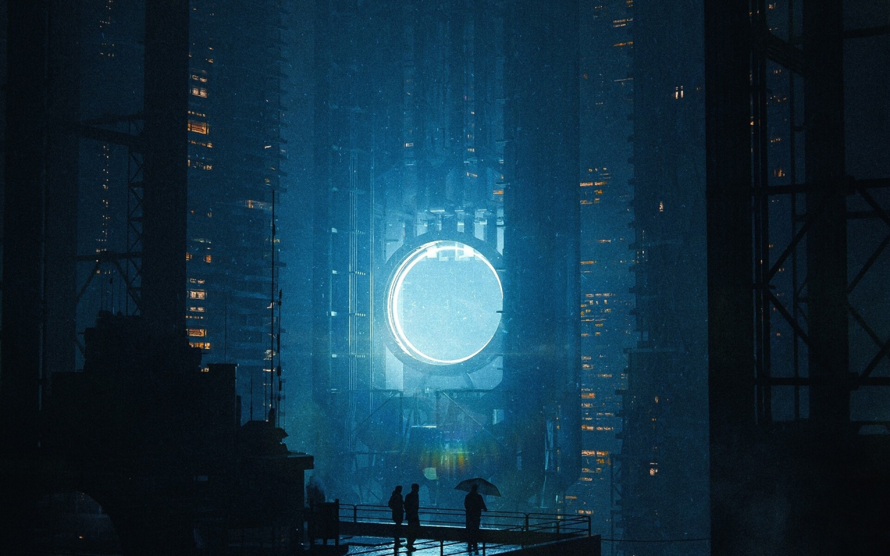 Tall buildings, glowing portal, cyberpunk, 1280x800 wallpaper