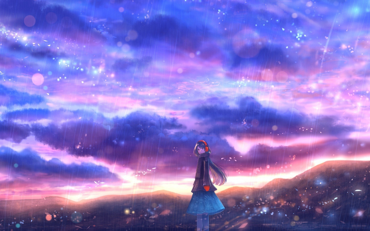 Rain, clouds, colorful, sky, anime girl, 1280x800 wallpaper