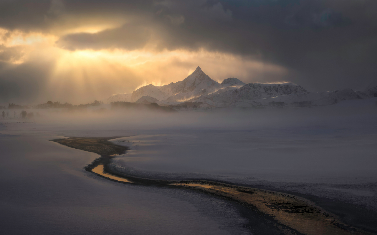 Snowy winter, morning, landscape, glacier, 1280x800 wallpaper