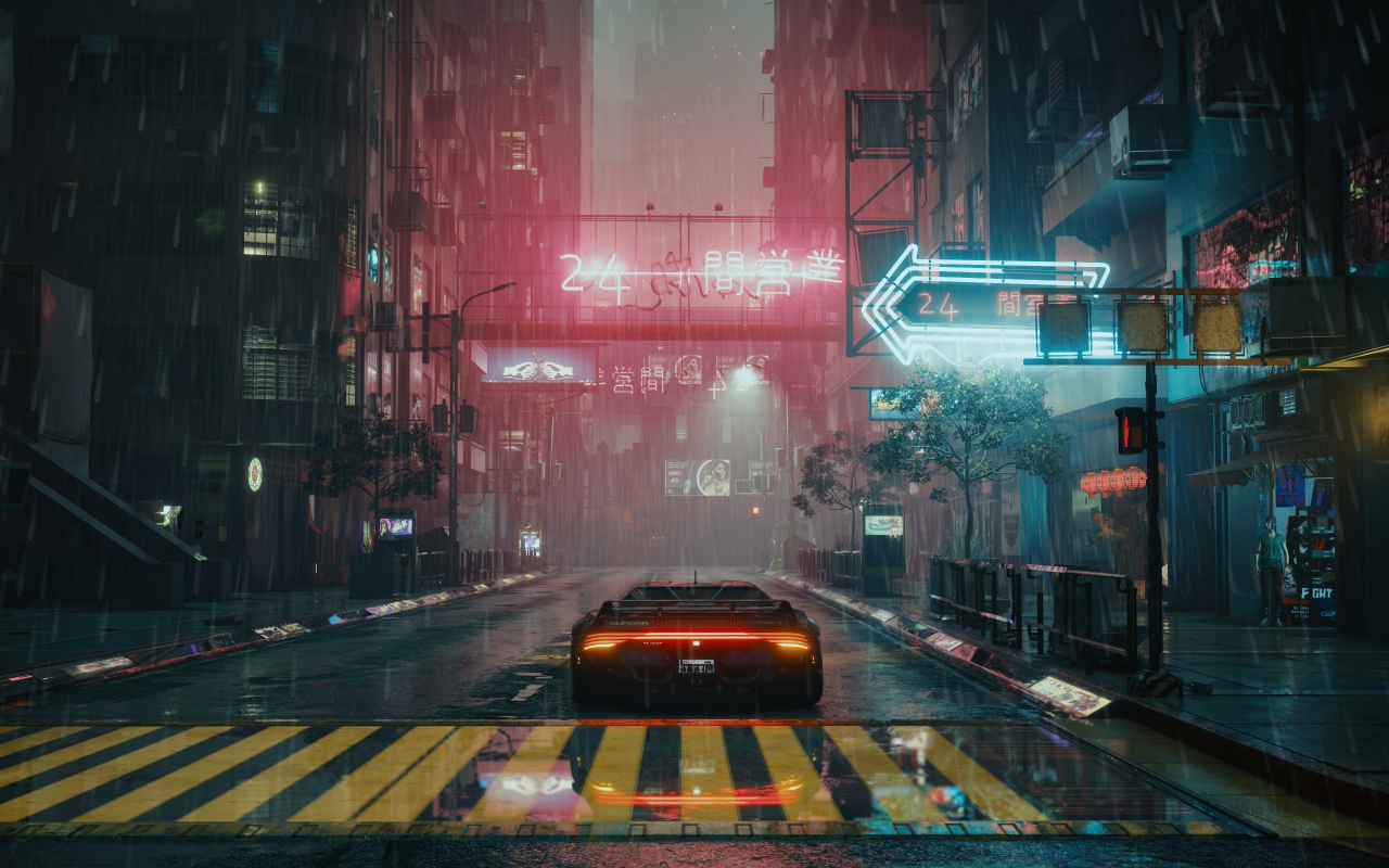 Cyberpunk, game, city shot, car, 1280x800 wallpaper