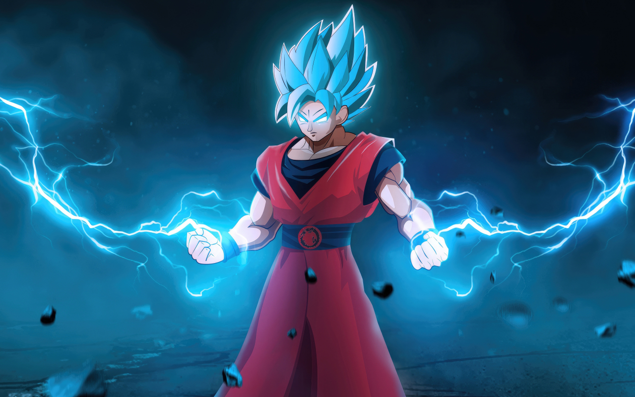 Goku with lightening powers, blue, anime, 1280x800 wallpaper