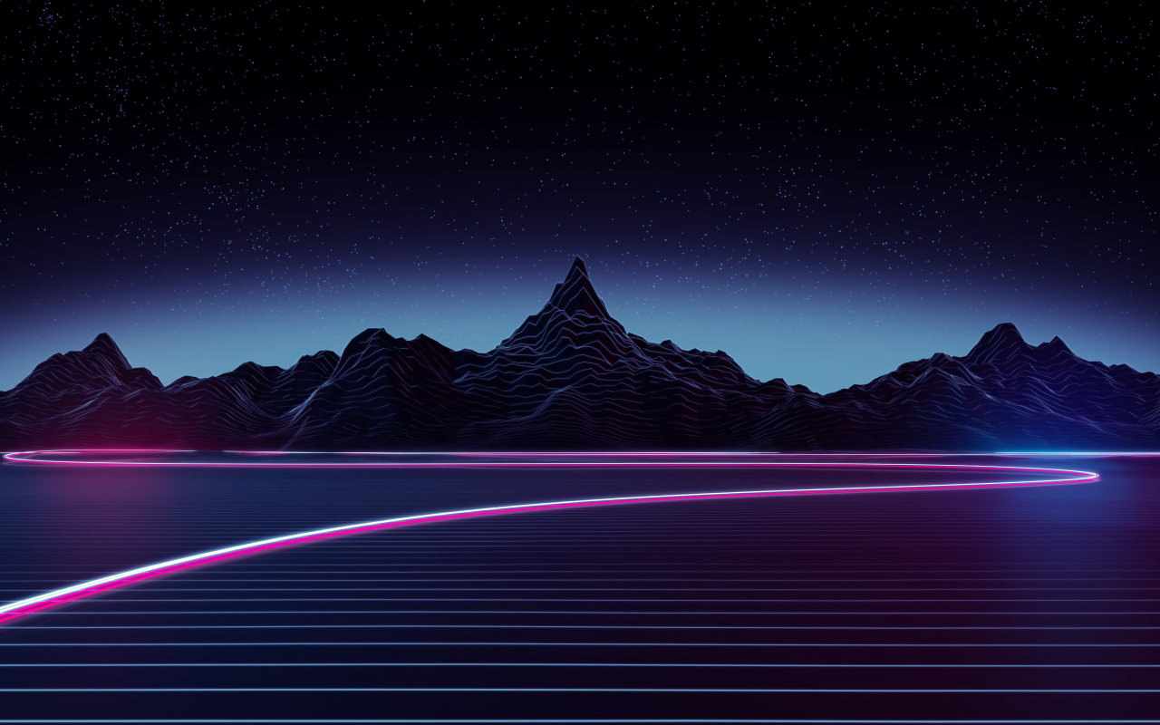 Retrowave art, dark mountains, 1280x800 wallpaper