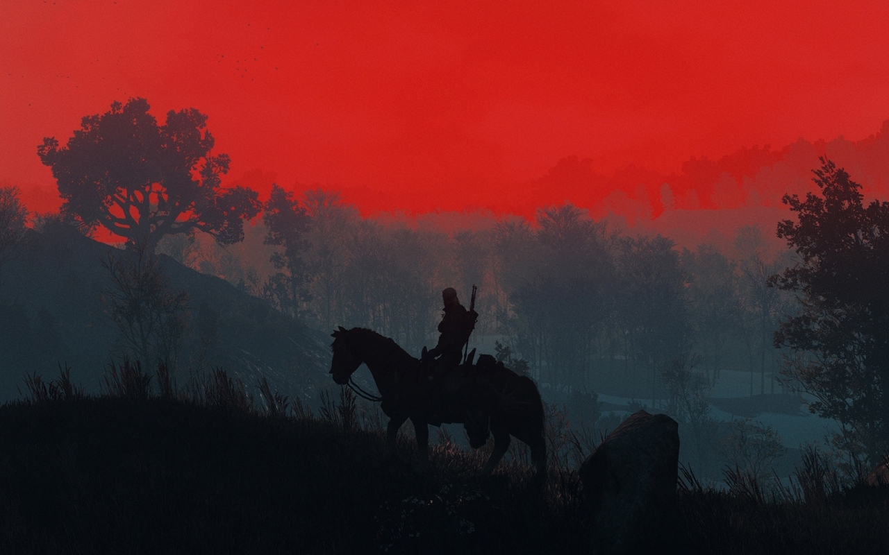 The Witcher 3, Geralt, sunset, silhouette, 1280x800 wallpaper