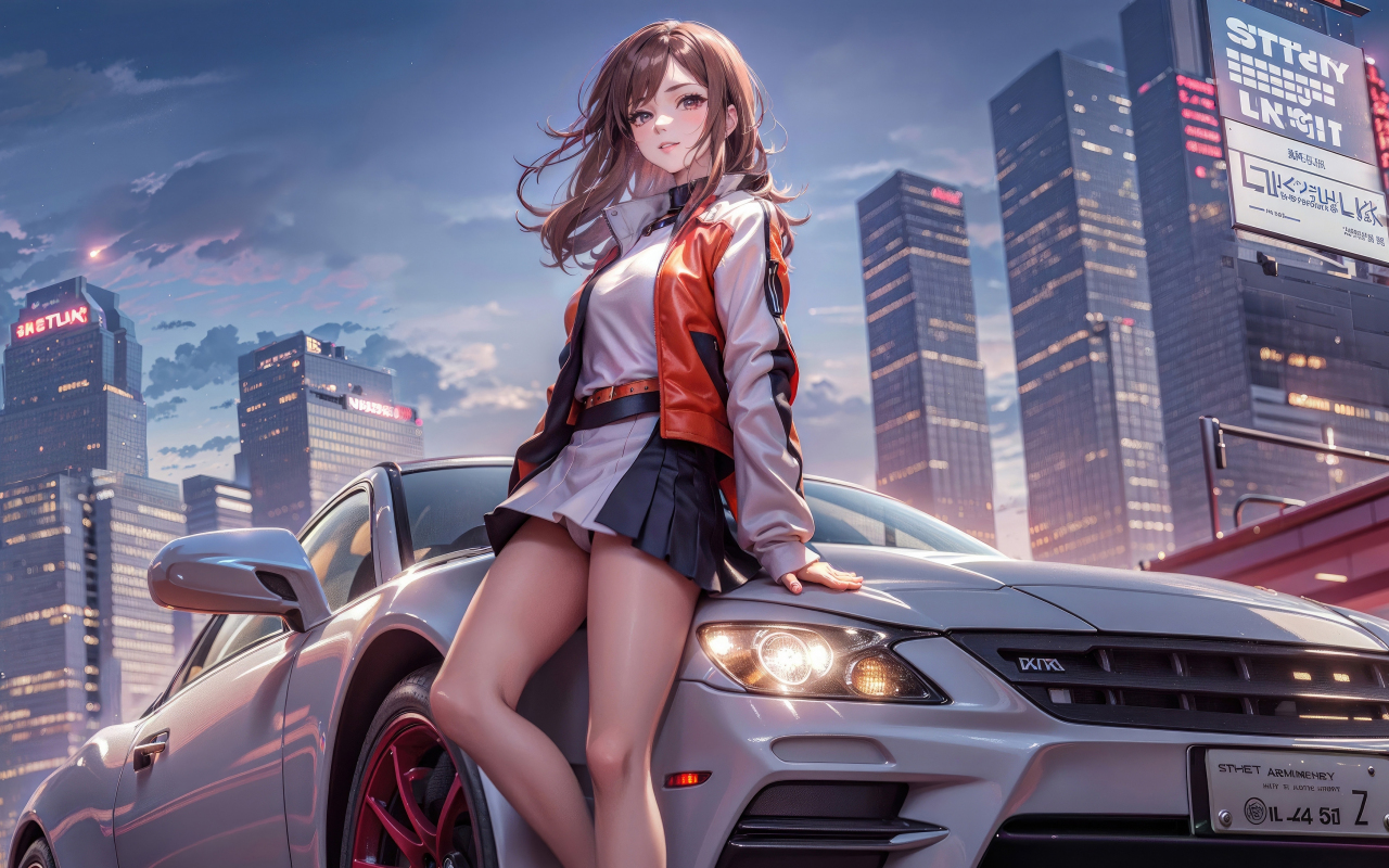 Anime girl with a car, beautiful, art, 1280x800 wallpaper