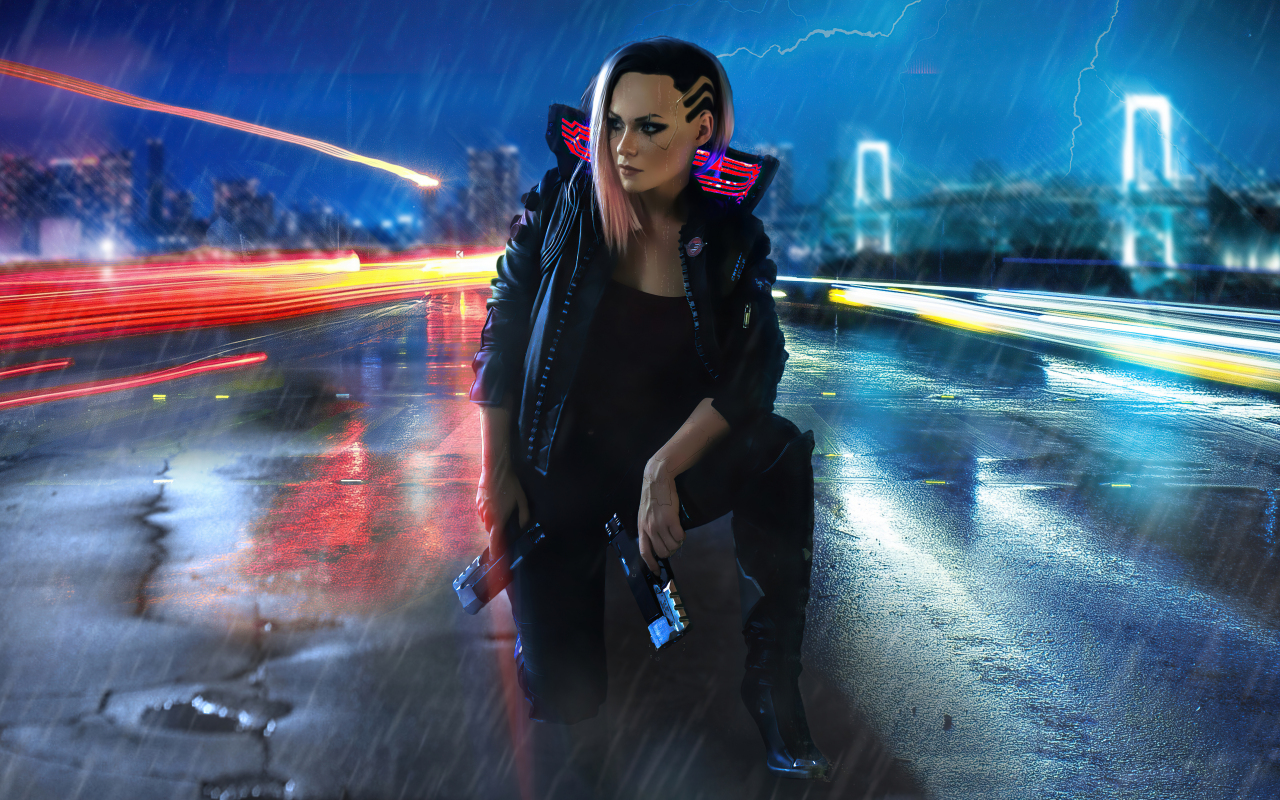 Girl and gun, video game, cyberpunk 2077, 1280x800 wallpaper