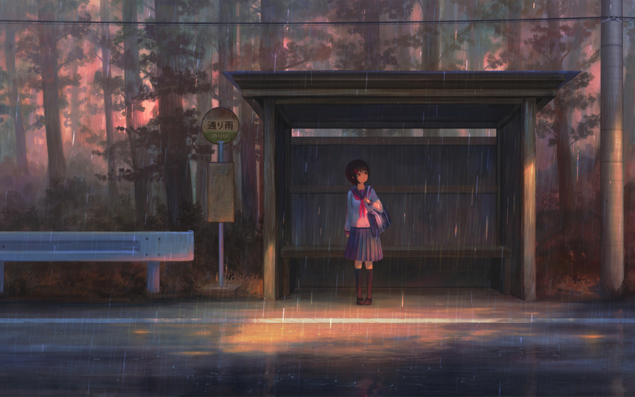 School girl, waiting for bus, rain, outdoor, 1280x800 wallpaper