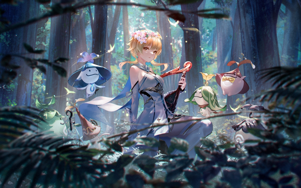 Lumine, Genshin Impact, girl outdoor with creature, fantasy, 1280x800 wallpaper