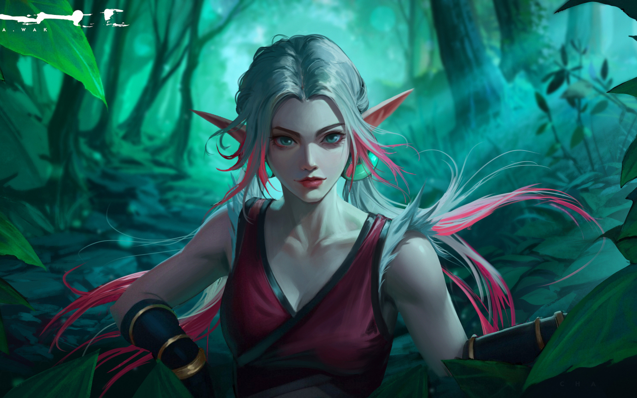 Beautiful elf girl, white-pink hair, fantasy, 1280x800 wallpaper