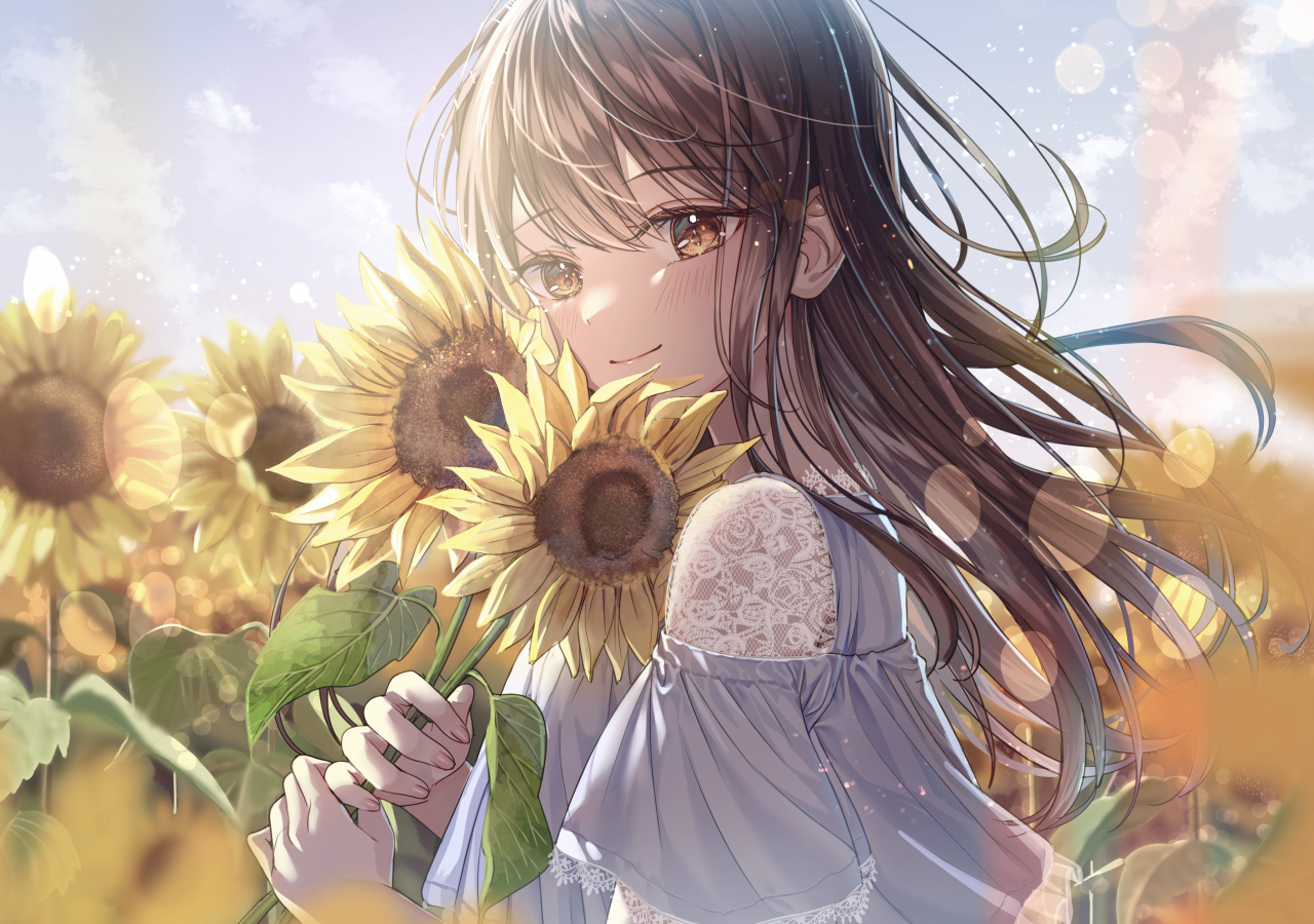 Sunflower and cute girl, anime, 1280x900 wallpaper