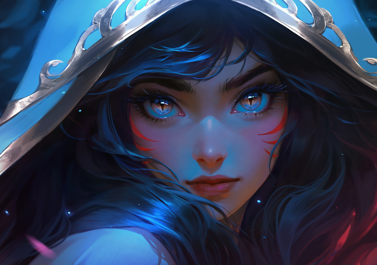 Glowing eyes of cute girl, in hood, 2023, 1280x900 wallpaper