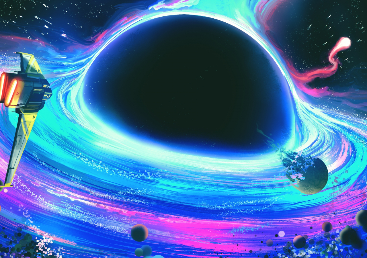 Spaceship move toward black hole, fantasy, art, 1280x900 wallpaper