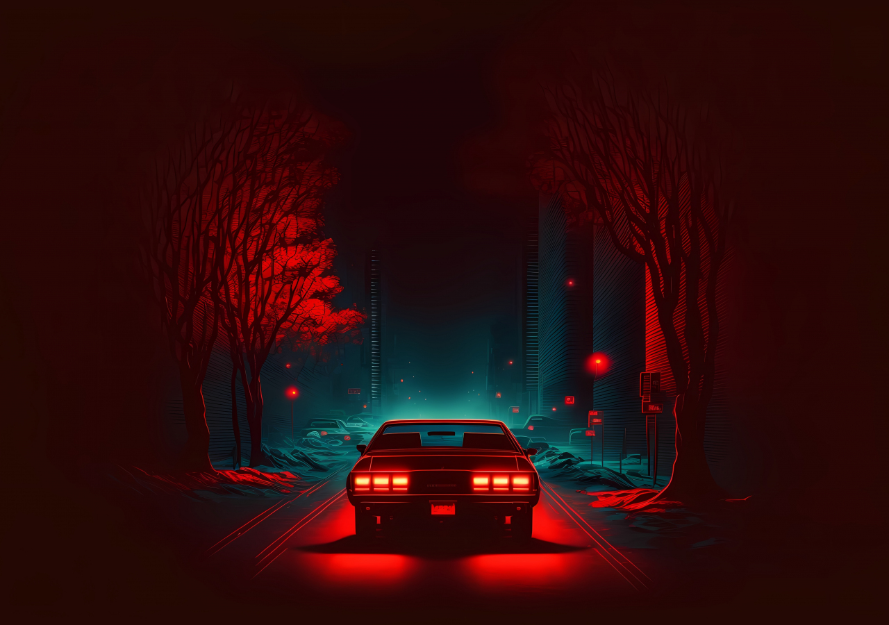 Red car on road, dark and minimal, digital art, 1280x900 wallpaper