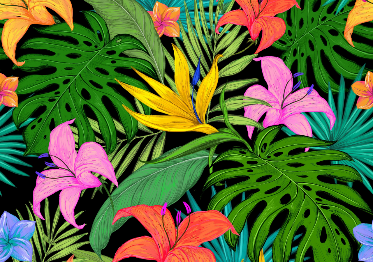 Pattern, tropical, flowers, leaves, 1280x900 wallpaper