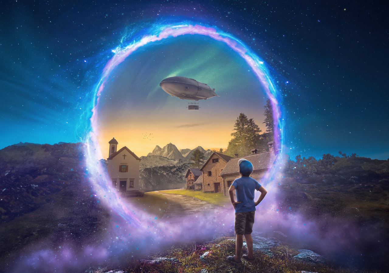 Dreamworld, gateway to a new world, a boy at portal, 1280x900 wallpaper