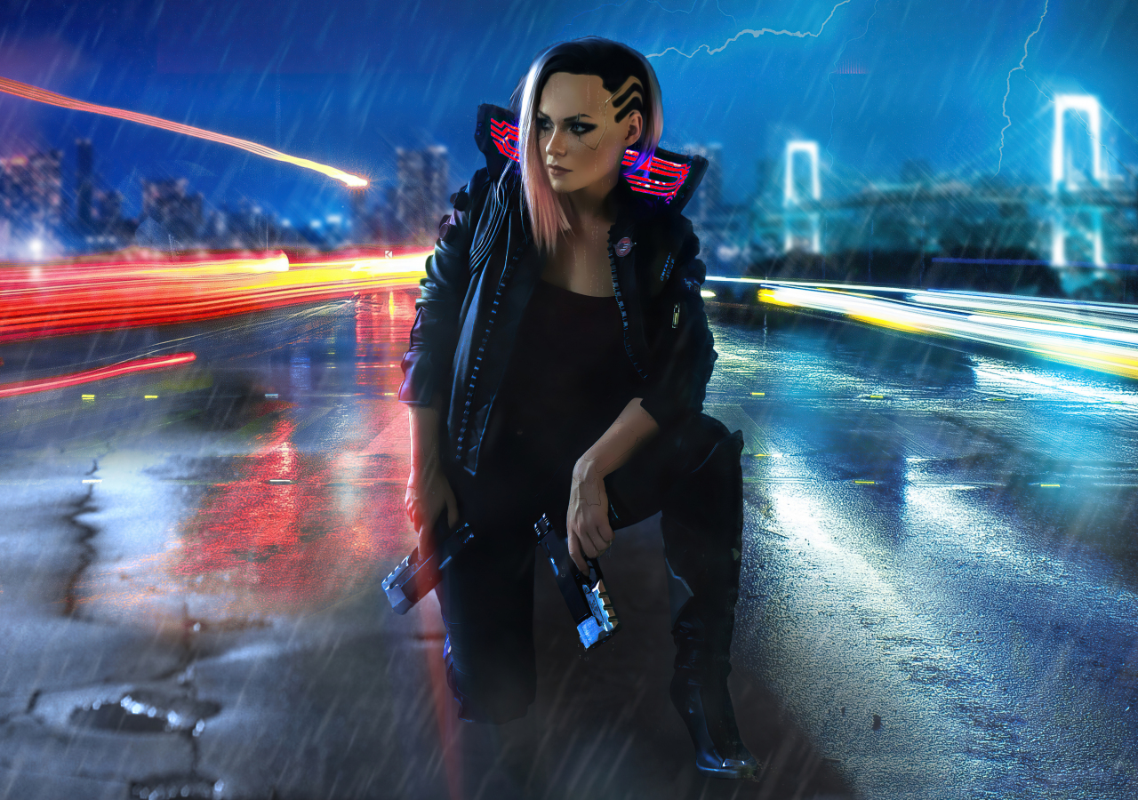 Girl and gun, video game, cyberpunk 2077, 1280x900 wallpaper