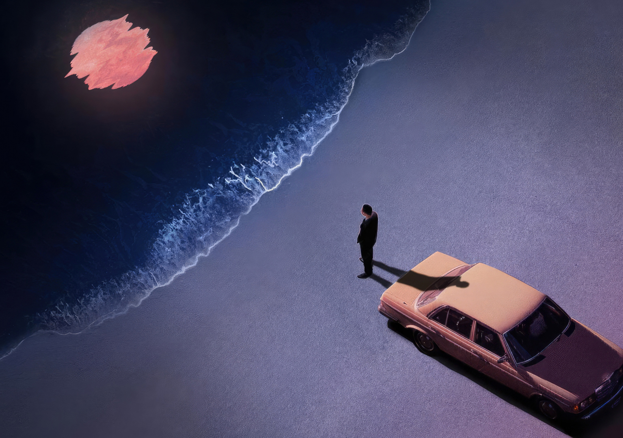 Lonely at night at the beach, car and man, art , 1280x900 wallpaper