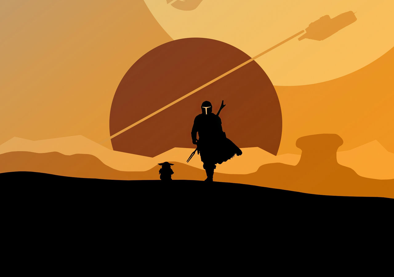 2020, The Mandalorian and Yoda, minimal, silhouette, artwork, 1280x900 wallpaper