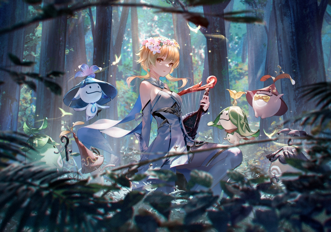 Lumine, Genshin Impact, girl outdoor with creature, fantasy, 1280x900 wallpaper