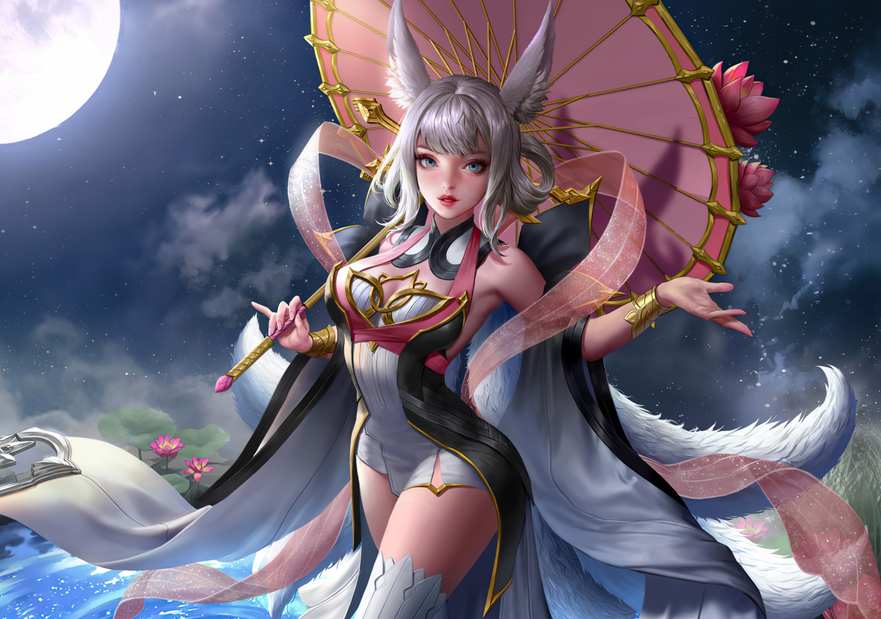 Anime elf girl with umbrella, moon light,  fantasy, 1280x900 wallpaper
