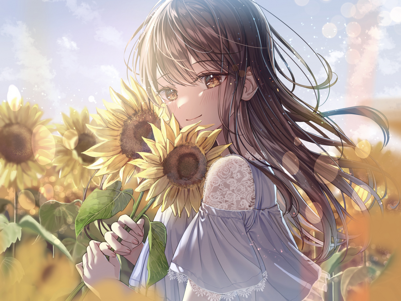 Sunflower and cute girl, anime, 1280x960 wallpaper