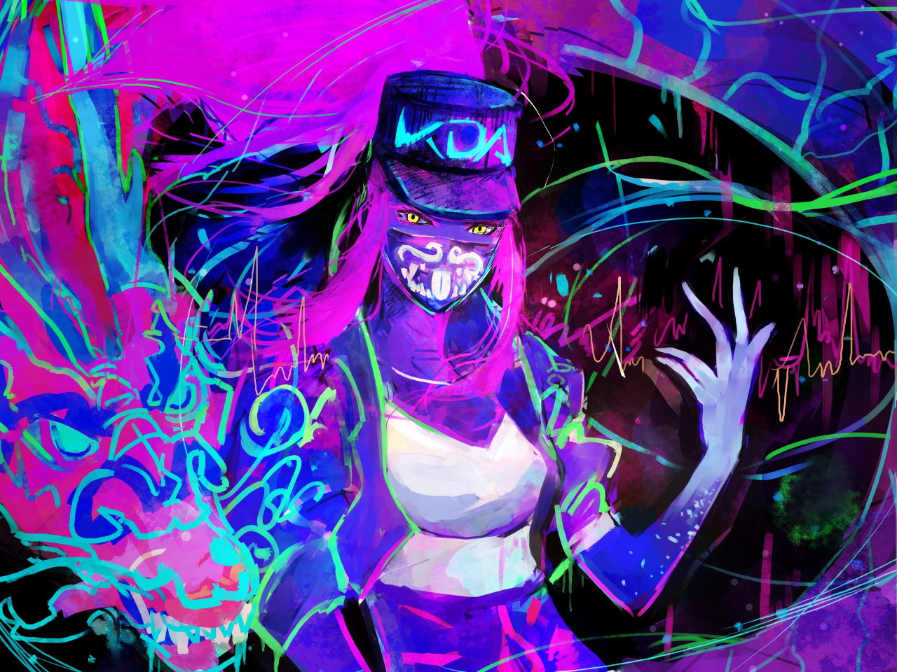 Akali, League of Legends, neon, art, 1280x960 wallpaper.