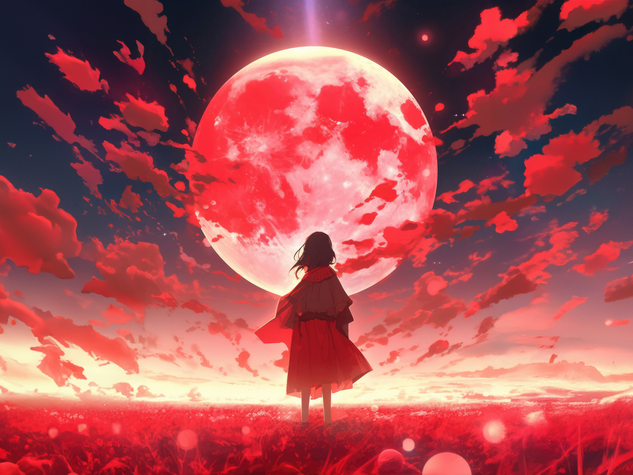 A world full of red, moon, anime, 1280x960 wallpaper