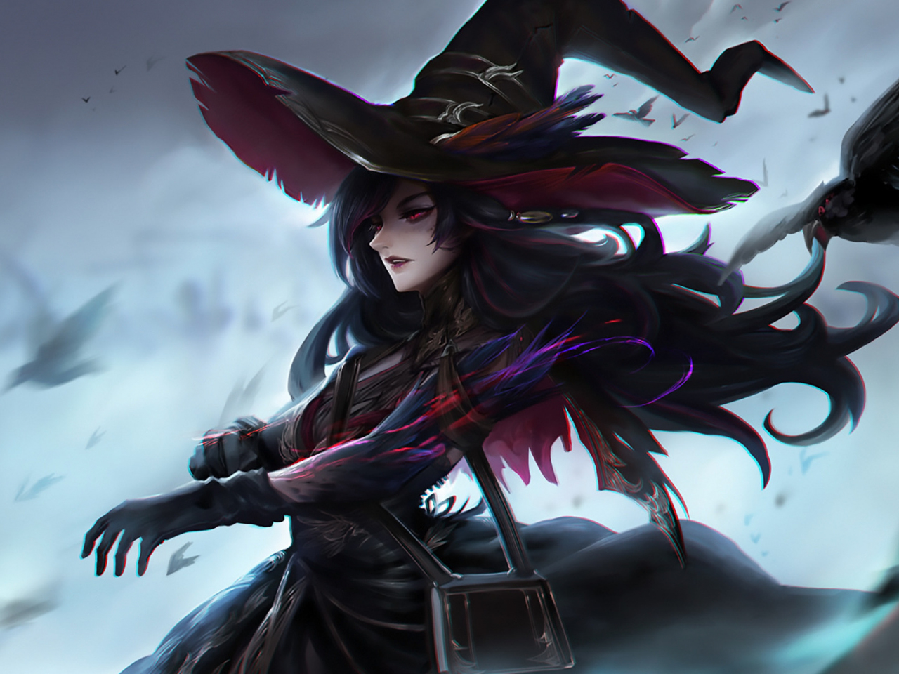 dark, witch, girls, fantasy, crow, artwork wallpaper, 1280x960, Standard 4:...