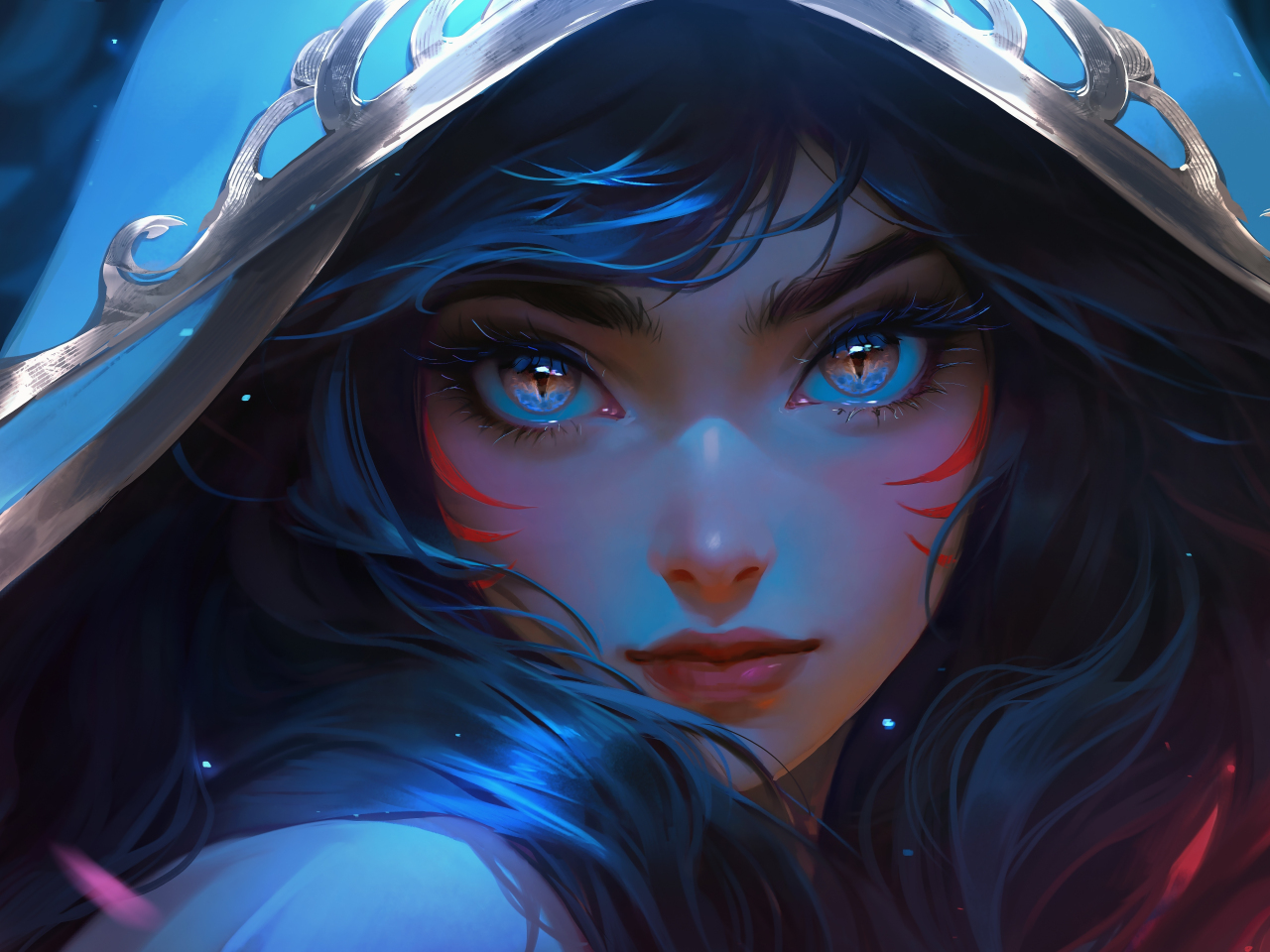 Glowing eyes of cute girl, in hood, 2023, 1280x960 wallpaper