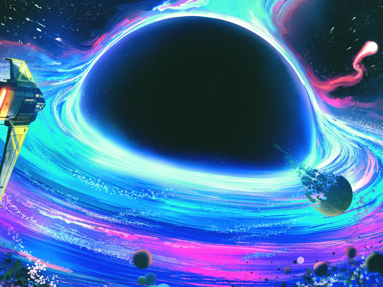 Spaceship move toward black hole, fantasy, art, 1280x960 wallpaper