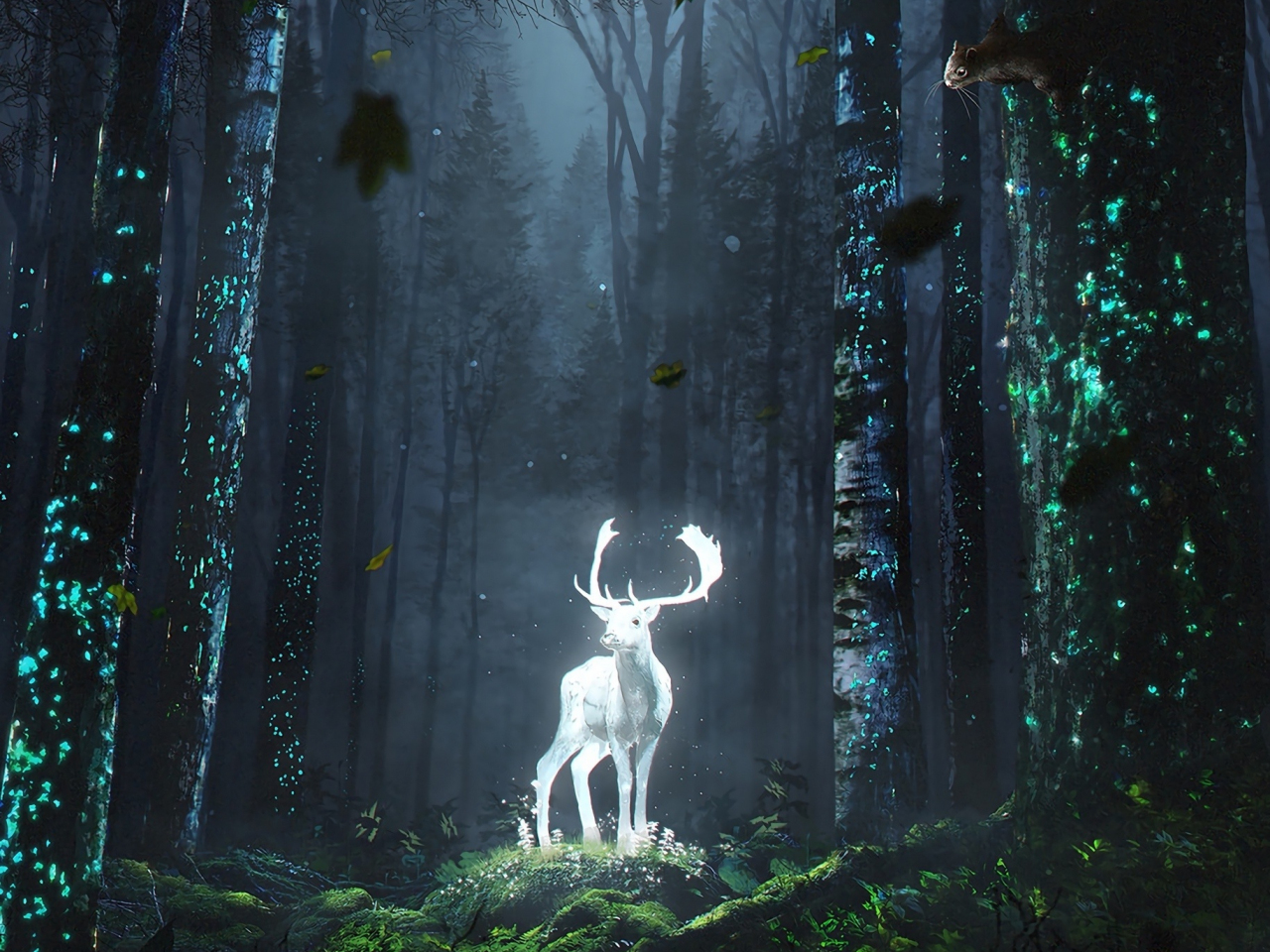 Forest, wild deer, glow, fantasy, art, 1280x960 wallpaper