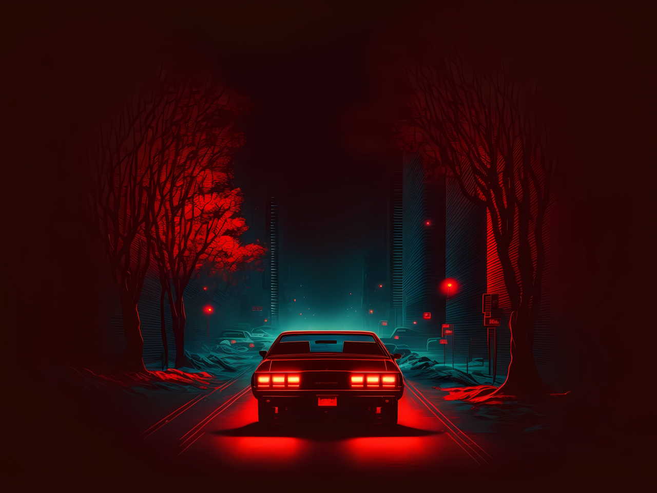 Red car on road, dark and minimal, digital art, 1280x960 wallpaper