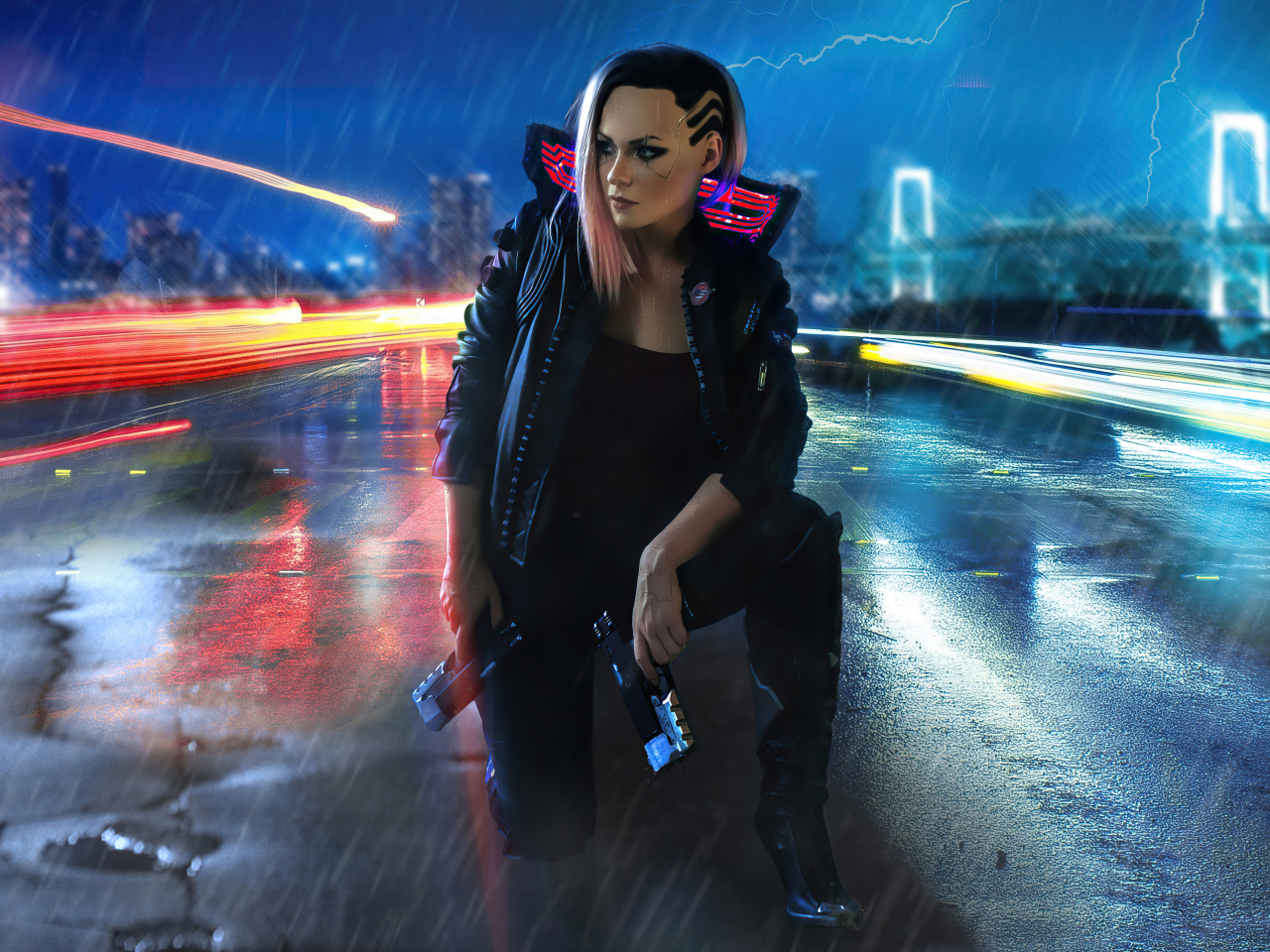 Girl and gun, video game, cyberpunk 2077, 1280x960 wallpaper