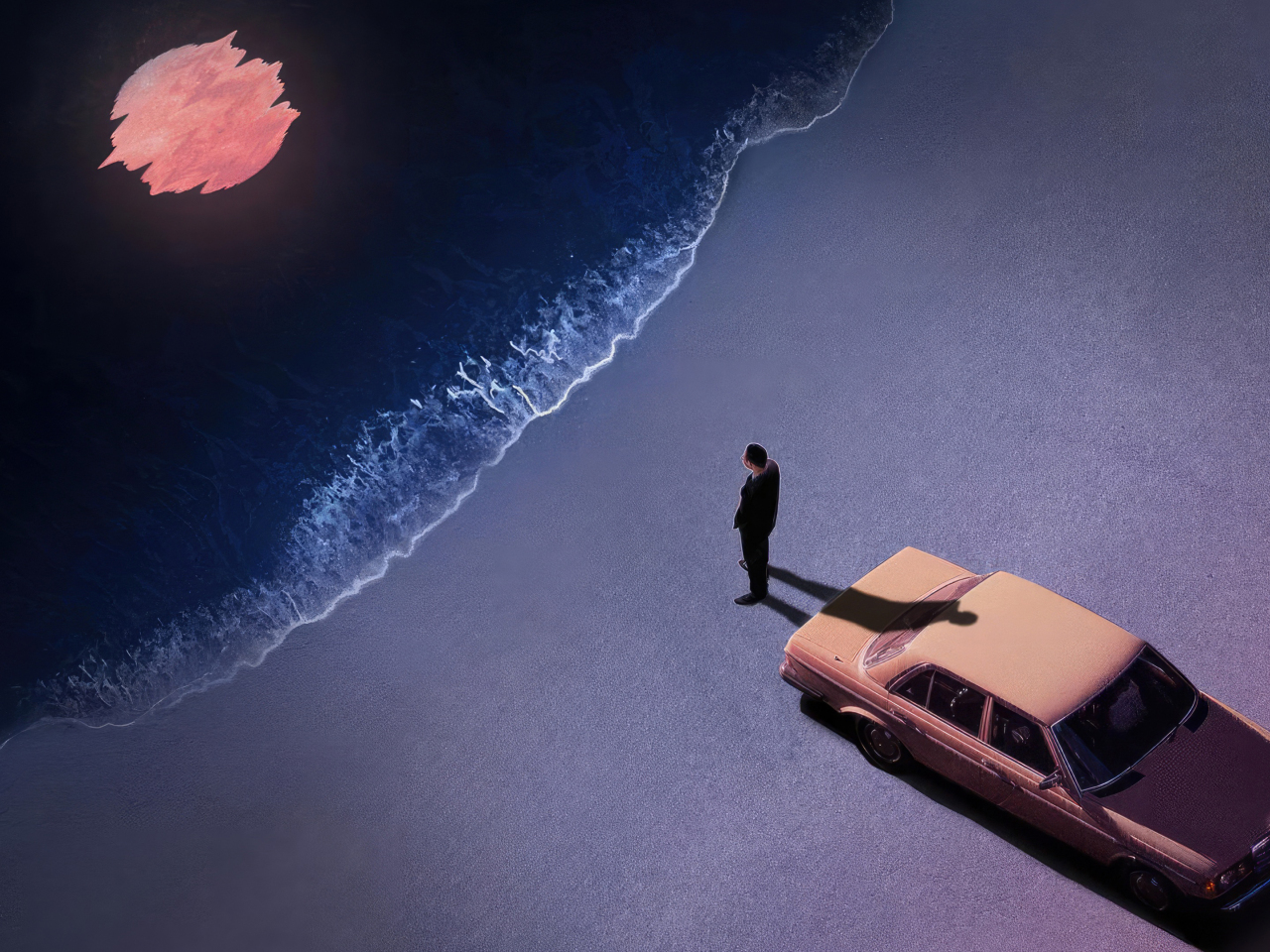 Lonely at night at the beach, car and man, art , 1280x960 wallpaper