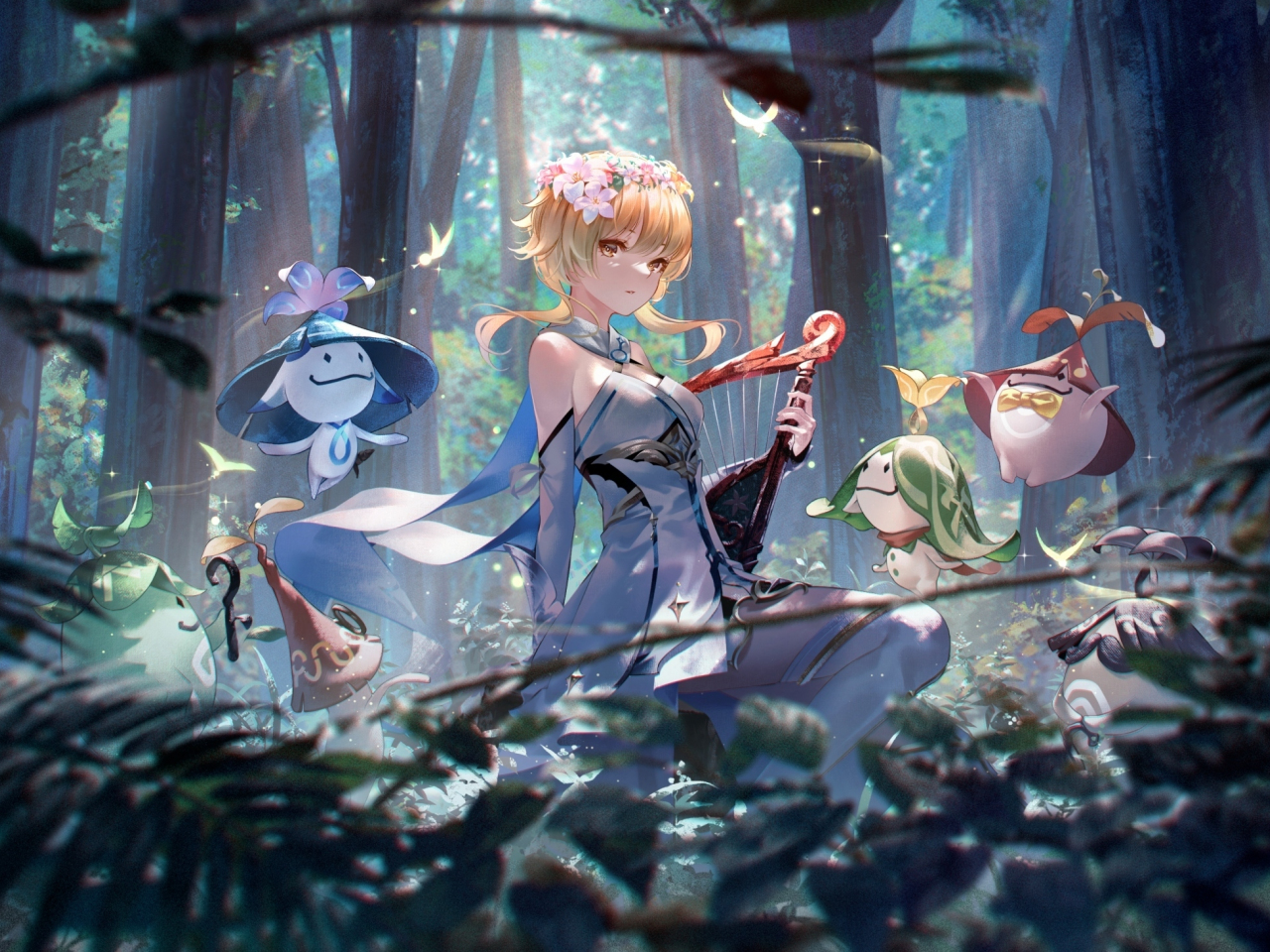 Lumine, Genshin Impact, girl outdoor with creature, fantasy, 1280x960 wallpaper