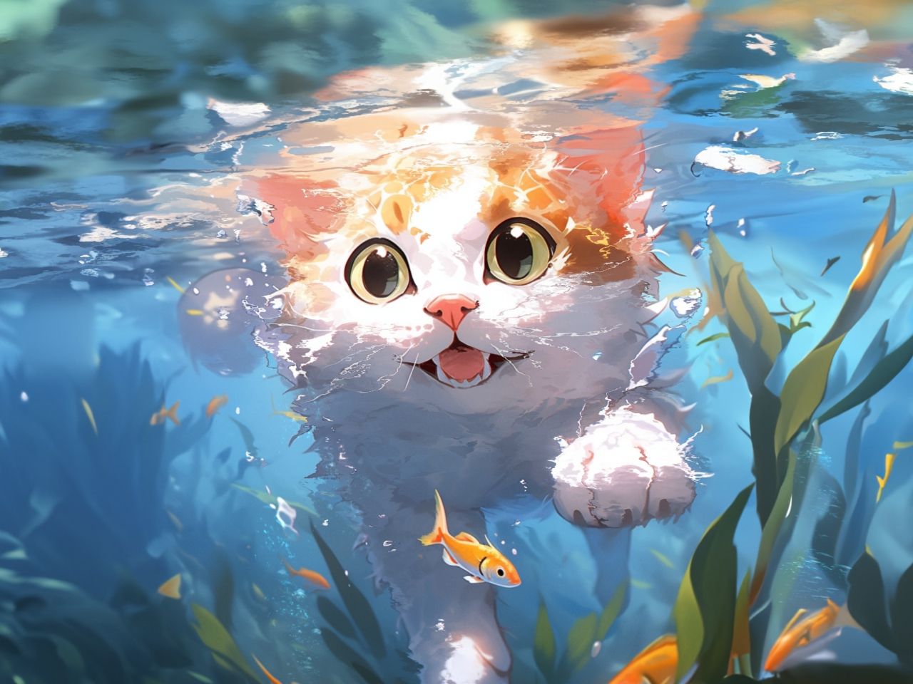 Cute kitten, swim underwater, art, 1280x960 wallpaper
