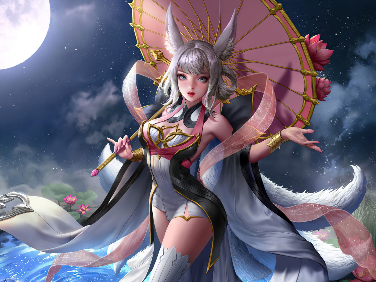 Anime elf girl with umbrella, moon light,  fantasy, 1280x960 wallpaper