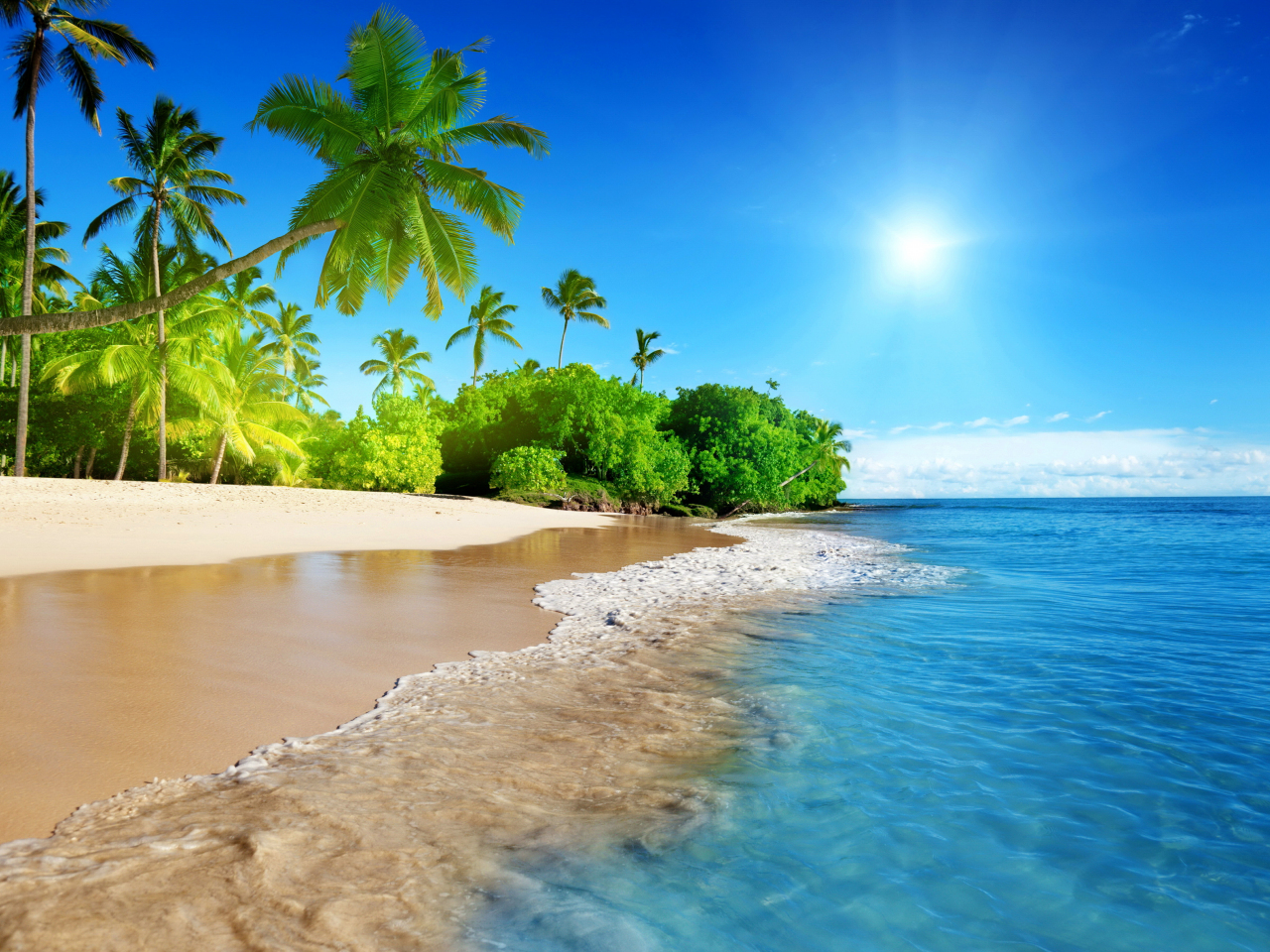 Tropical beach, sea, calm, sunny day, holiday, 1280x960 wallpaper