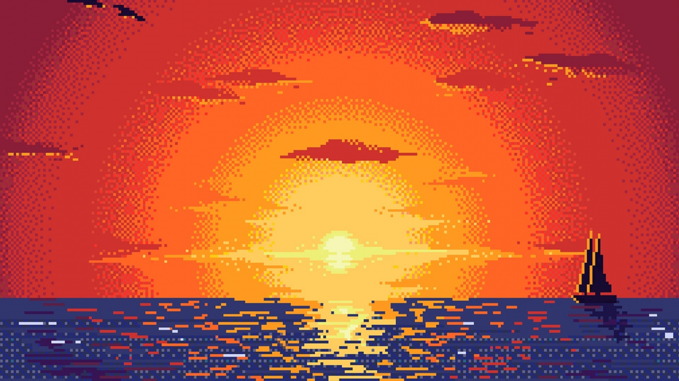 Download wallpaper 1366x768 sunset, pixel art, abstract, tablet, laptop,  1366x768 hd background, 7710
