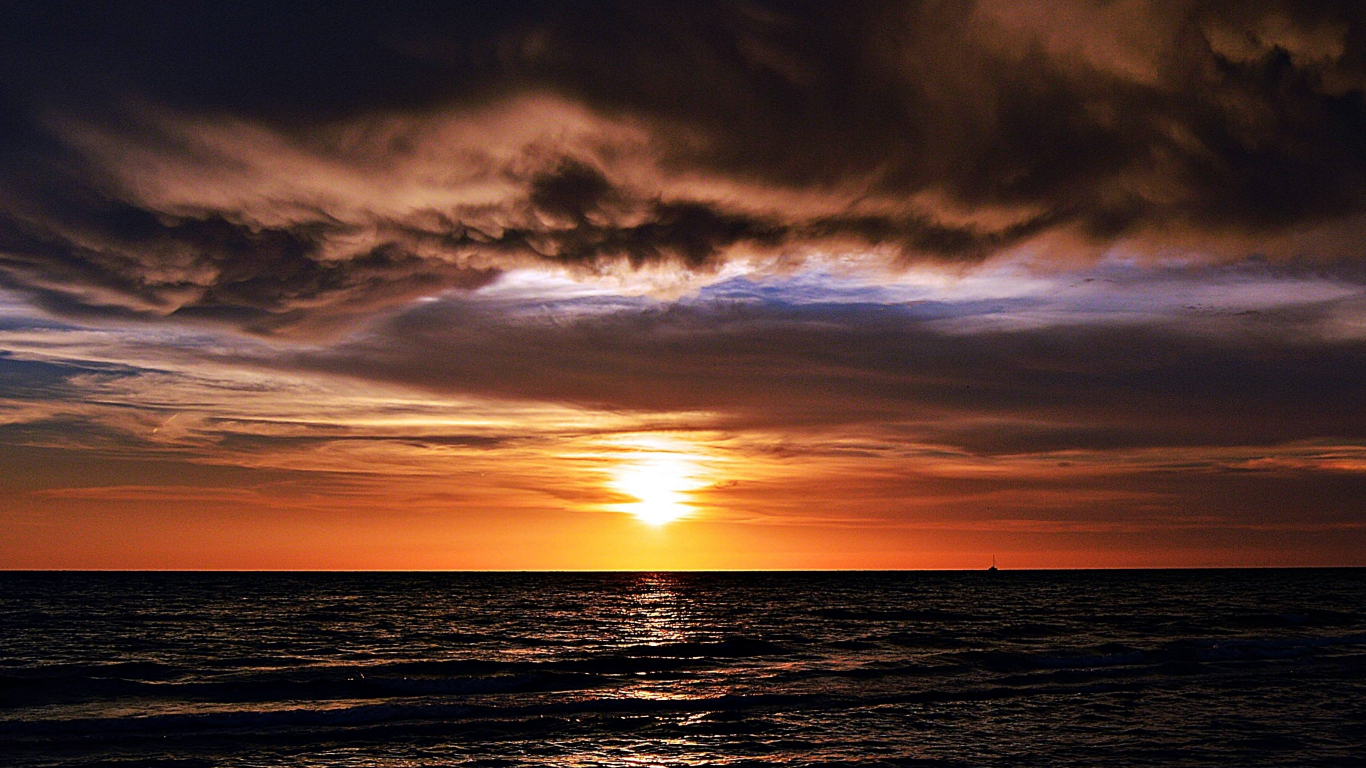 Dark sunset beach sea surface nature clouds wallpaper 