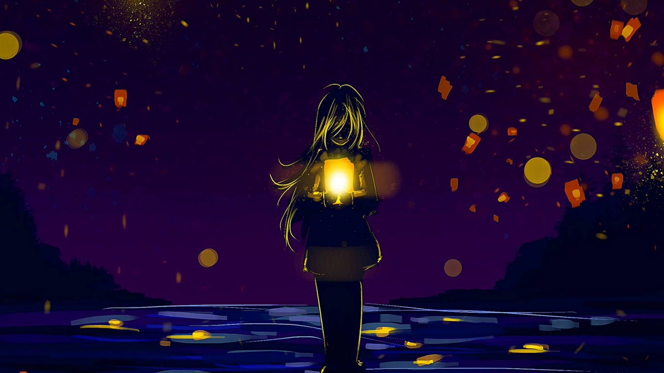 Download 1366x768 Wallpaper Anime Girl Lanterns Silhouette