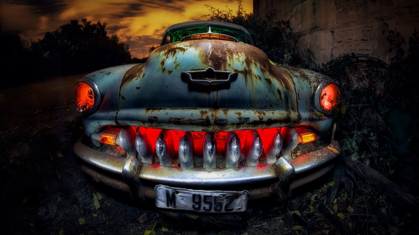 Download wallpaper 1366x768 wreck, classic car, glow, tablet, laptop,  1366x768 hd background, 19840